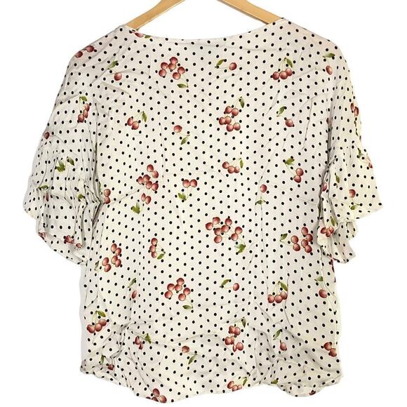 Slate and Willow Top Cherry Print Short Sleeve Silk Blend Off White M - Picture 3 of 7